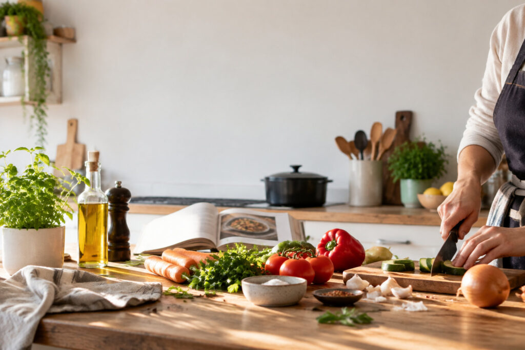 Une personne coupe des légumes frais sur une planche en bois dans une cuisine lumineuse et organisée.