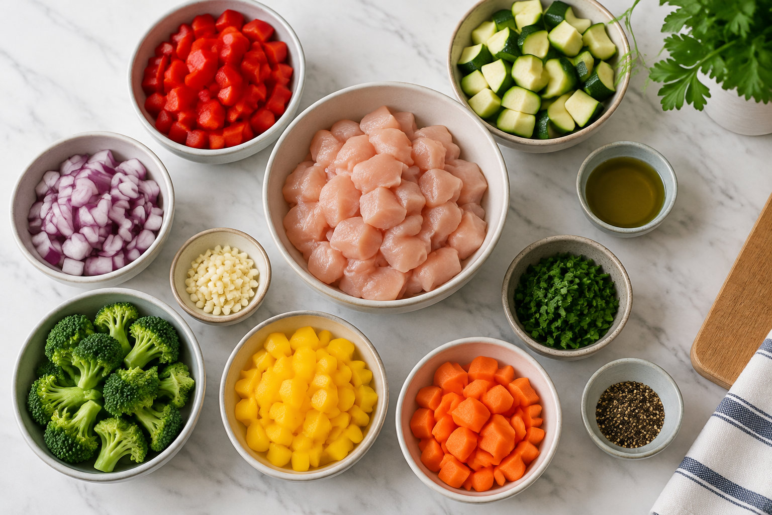 Des bols contenant des morceaux de poulet, des tomates, des courgettes, de l’oignon rouge, de l’ail, du brocoli, du poivron jaune, des carottes, des herbes, de l’huile et du poivre sont disposés sur un plan de travail.