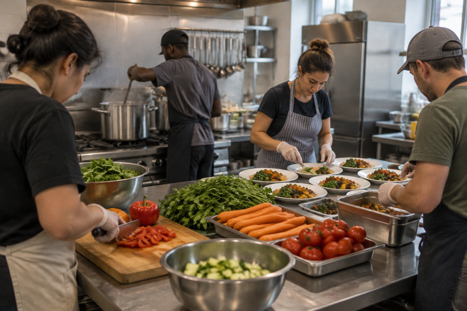 Trois personnes préparent des légumes et dressent des assiettes dans une cuisine professionnelle.