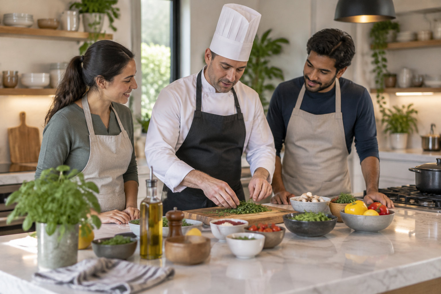 Un chef montre à deux personnes comment préparer des herbes fraîches dans une cuisine, entourés de bols de légumes et d’ingrédients.