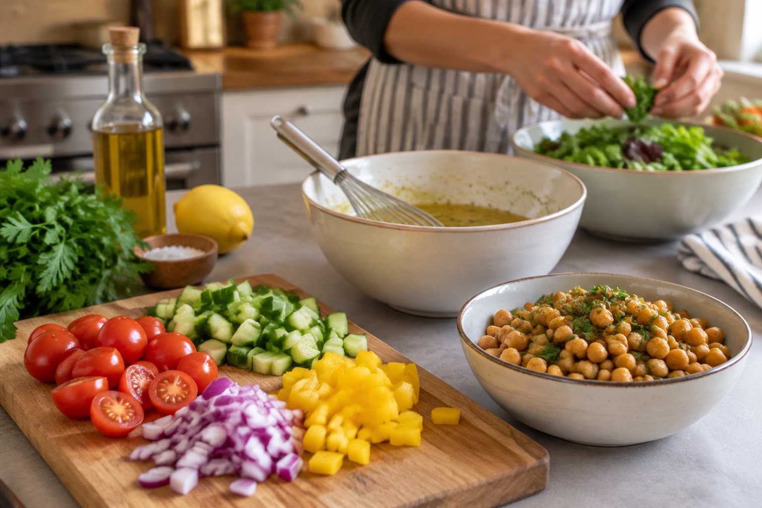 Une personne prépare une salade dans une cuisine, avec des légumes coupés, des pois chiches, un bol de sauce et une bouteille d’huile sur le plan de travail.