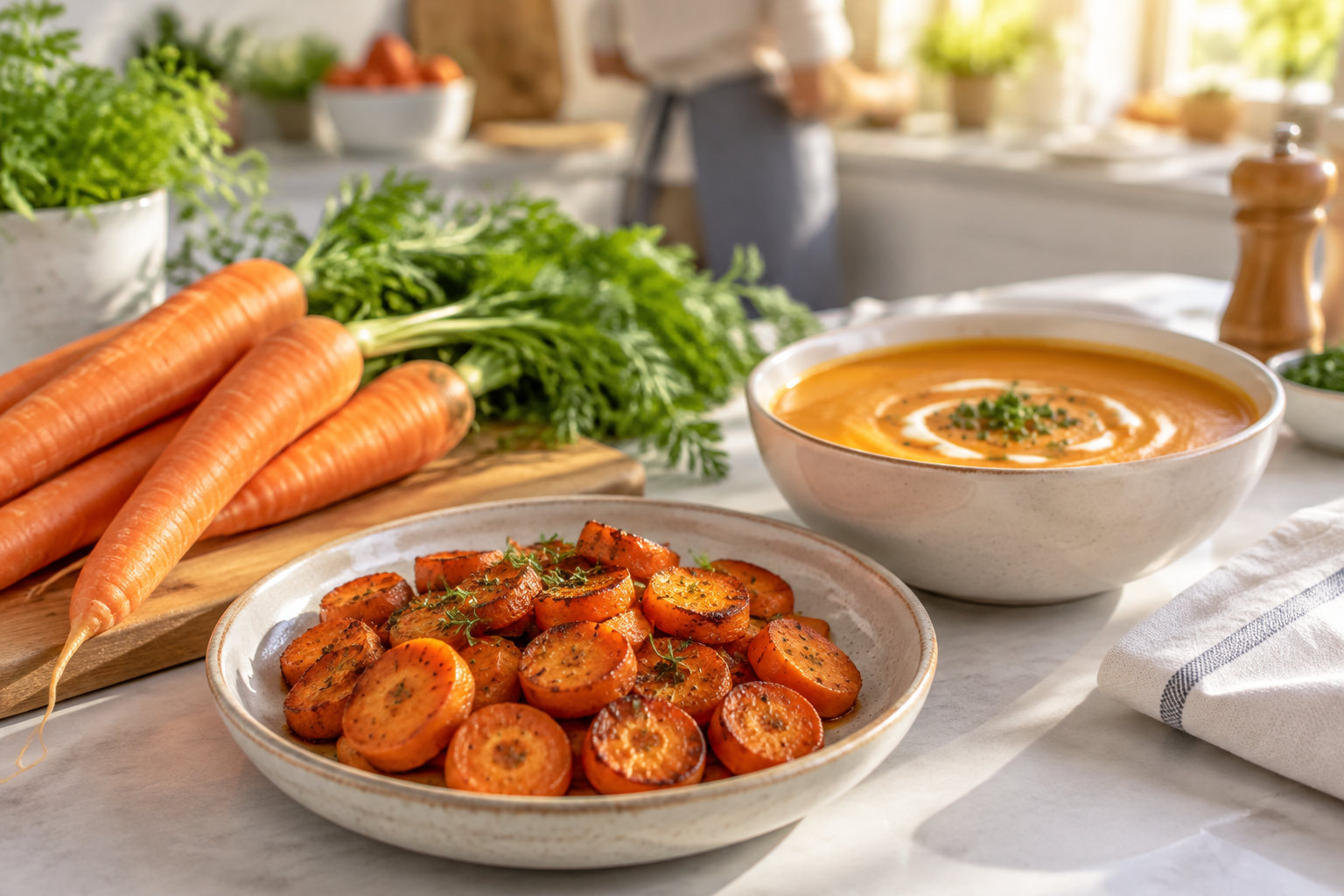 Un bol de soupe orangée et une assiette de rondelles de carottes rôties sont disposés sur un plan de travail, près de carottes fraîches et de fanes.