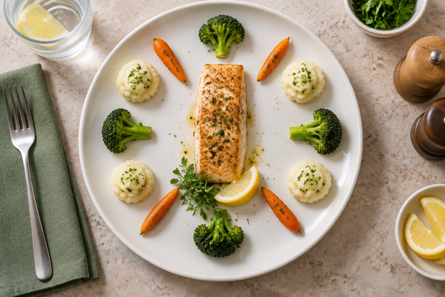 Un filet de saumon grillé est servi avec du brocoli, des carottes, de la purée et un quartier de citron dans une assiette blanche.