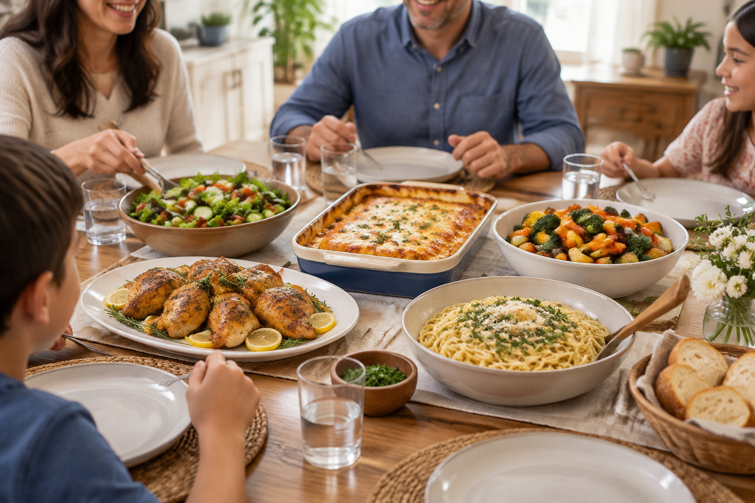 Une famille souriante se rassemble autour d’une table garnie de poulet, de pâtes, de légumes, d’une salade, d’un plat gratiné et de pain.