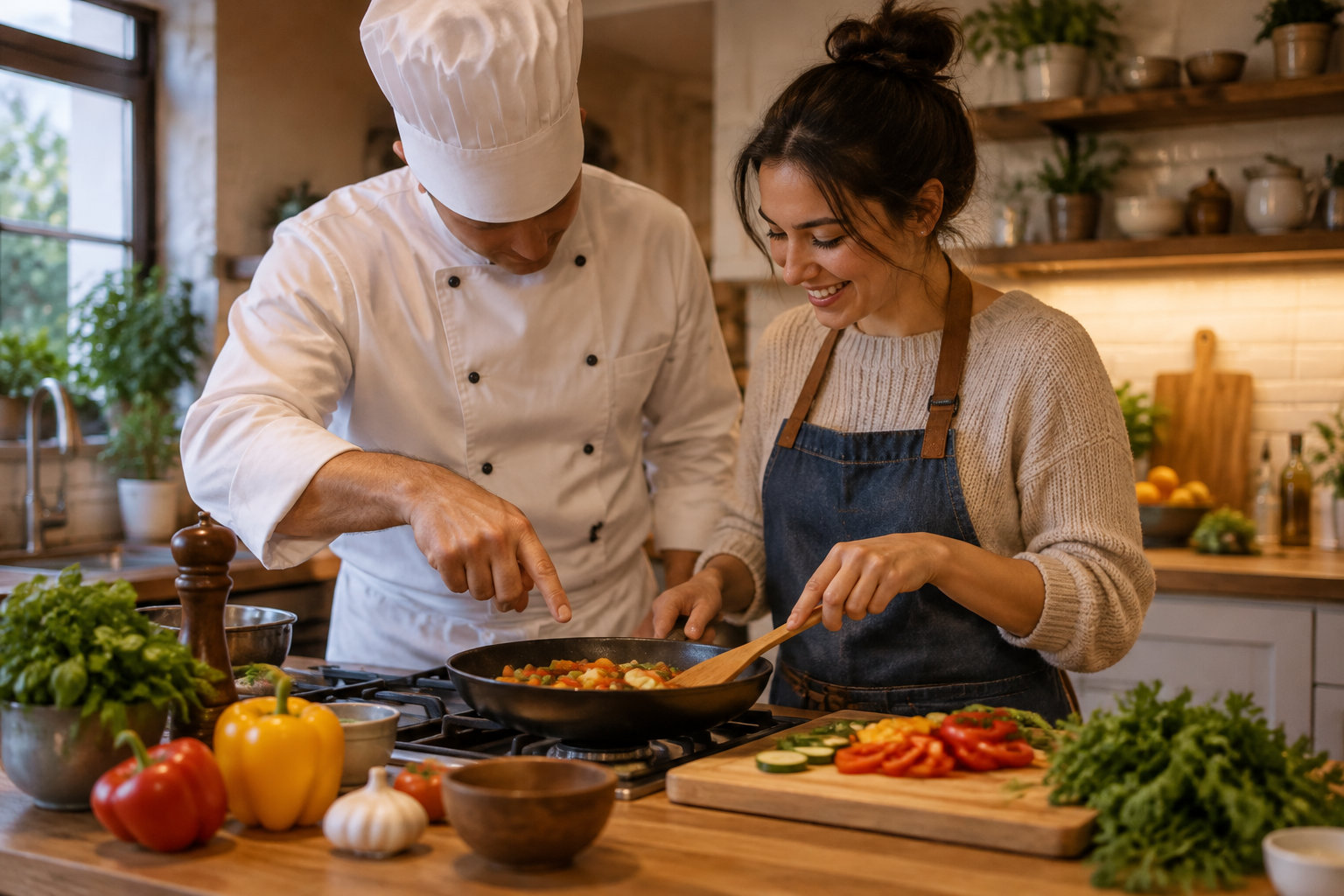 Un chef et une femme souriante préparent ensemble des légumes dans une poêle, dans une cuisine.