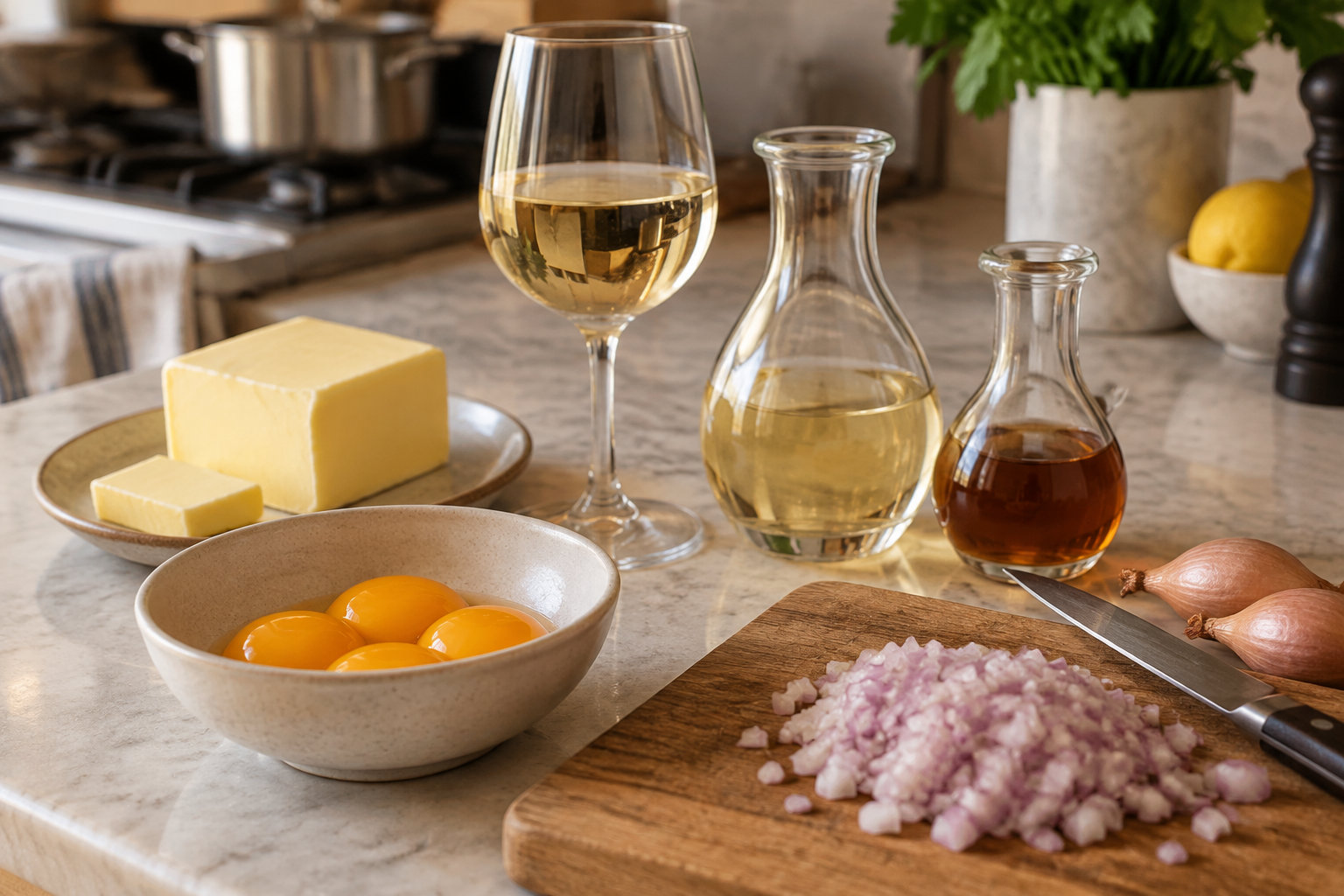 Sur un plan de travail, des jaunes d’œufs, du beurre, des échalotes hachées, un couteau et des récipients contenant des liquides sont disposés dans une cuisine.
