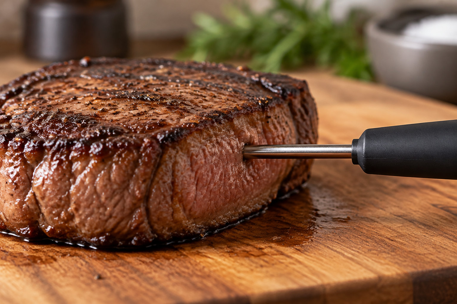 Un thermomètre de cuisson est planté dans un épais morceau de viande rôti posé sur une planche à découper.