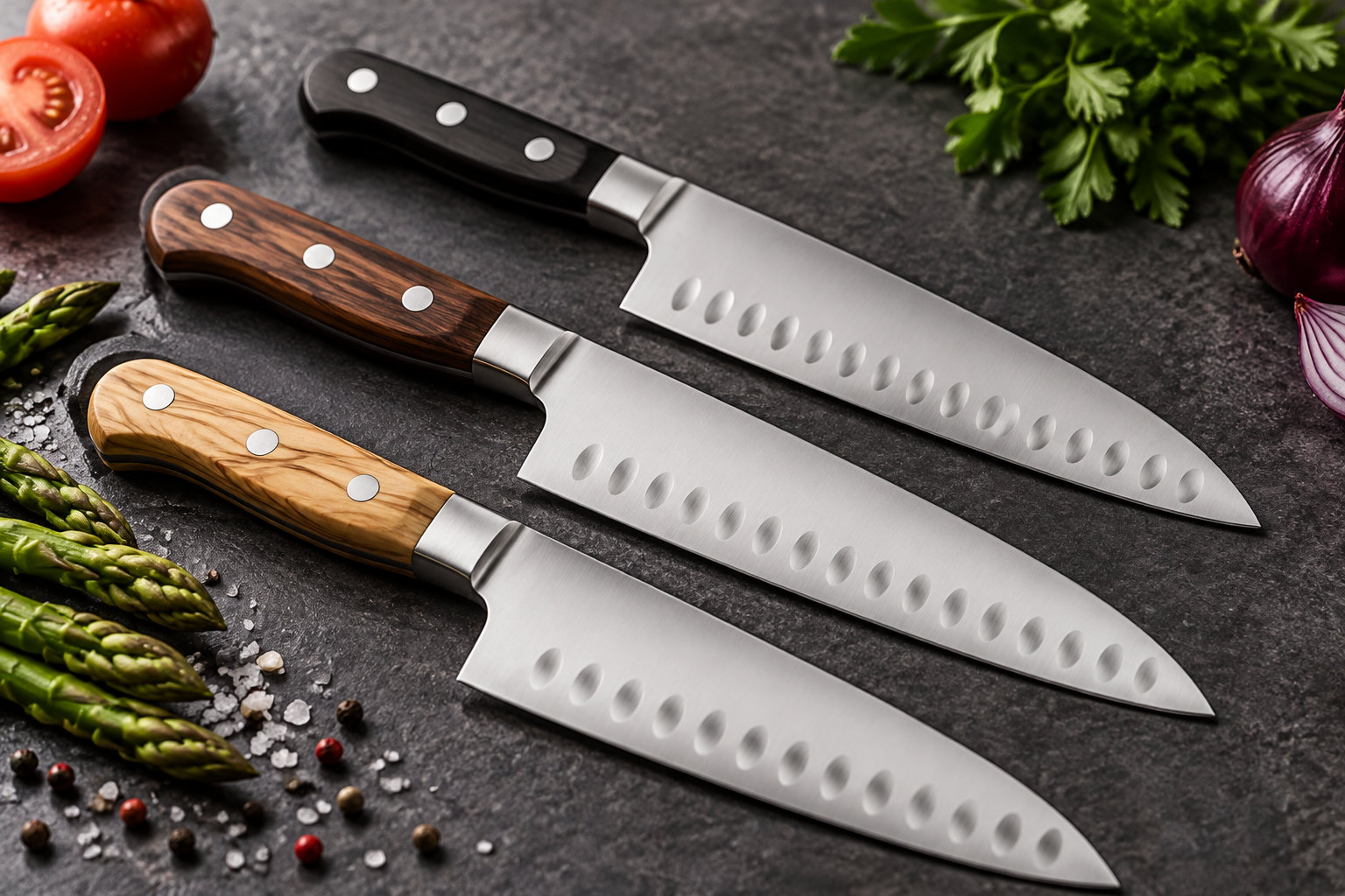 Trois couteaux de cuisine à manches en bois et en plastique noir sont disposés sur une surface sombre, entourés de tomates, d’asperges, de persil, d’un oignon rouge, de sel et de grains de poivre.