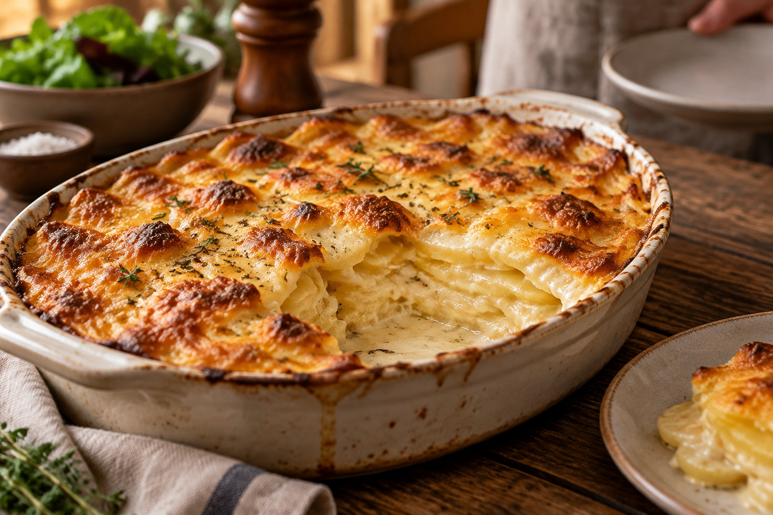 Un gratin de pommes de terre doré et parsemé d’herbes est servi dans un plat en céramique posé sur une table en bois.