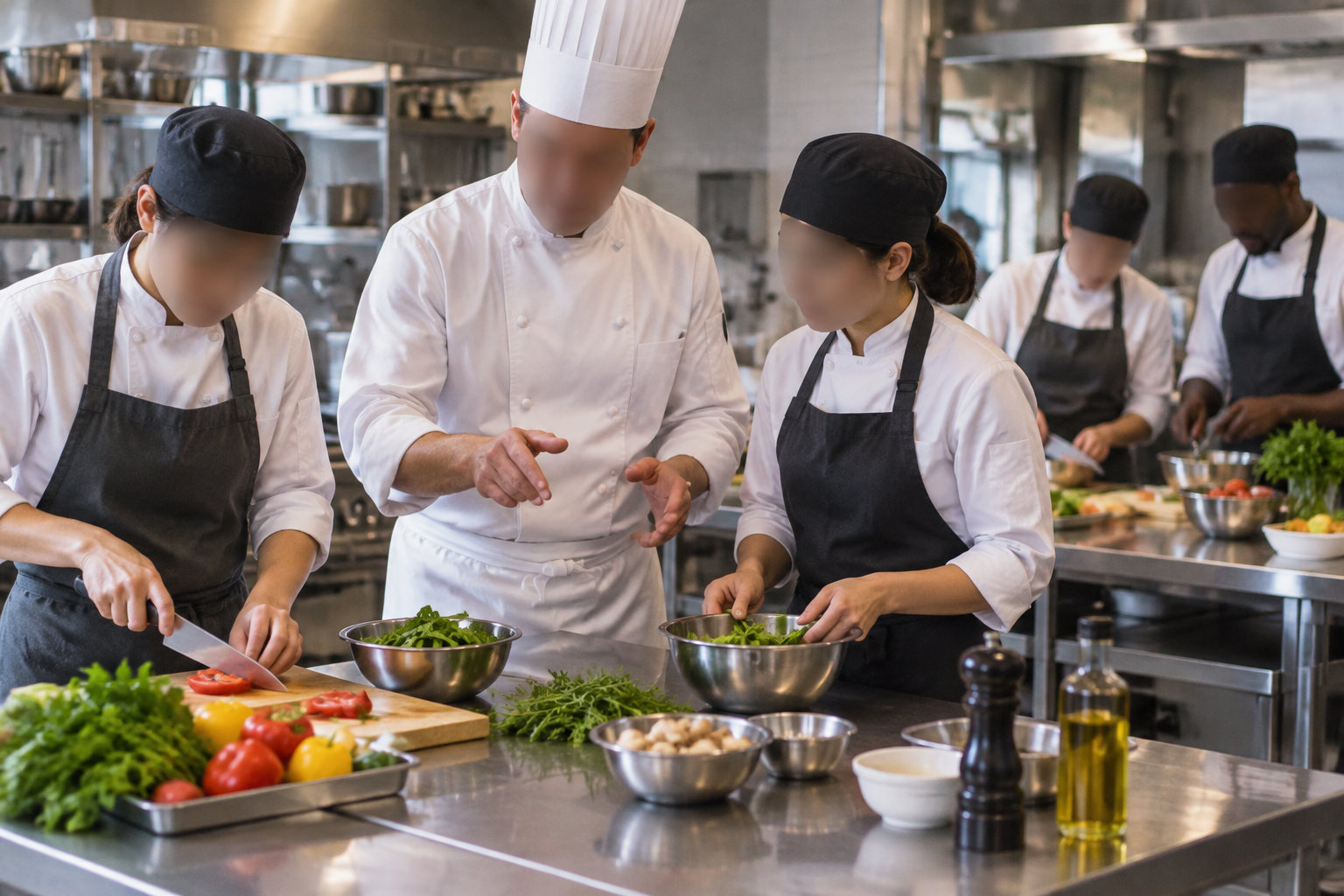 Un chef en toque blanche montre un geste à des cuisiniers qui préparent des légumes dans une cuisine professionnelle.
