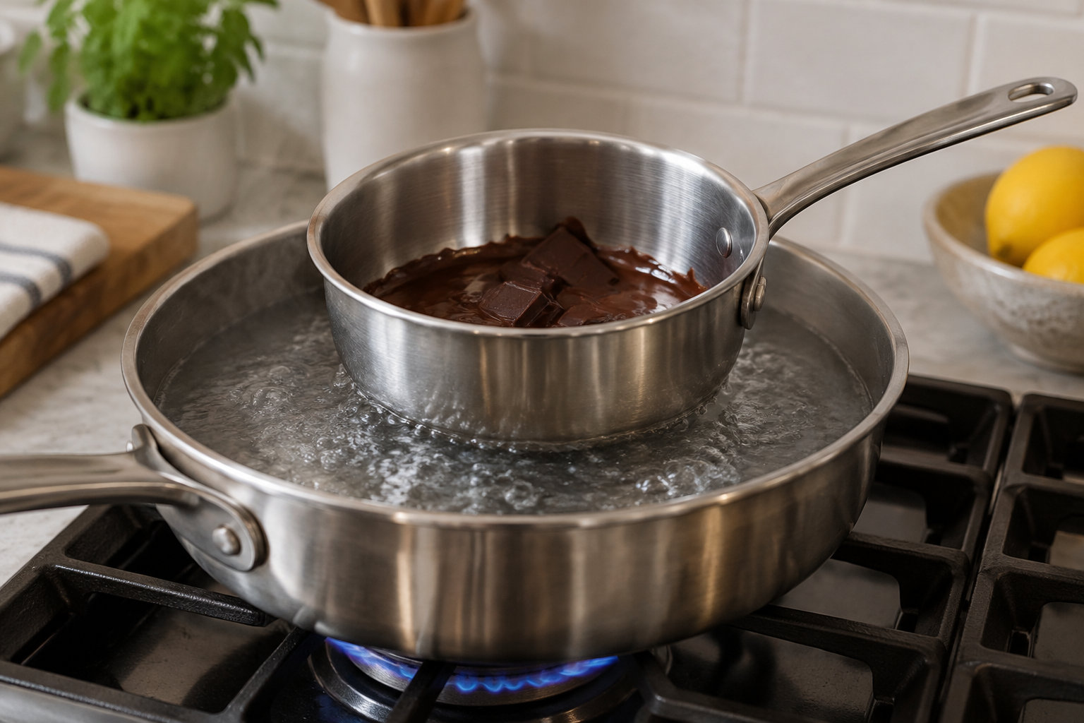 Des morceaux de chocolat fondent dans une petite casserole posée au bain-marie sur une cuisinière à gaz.
