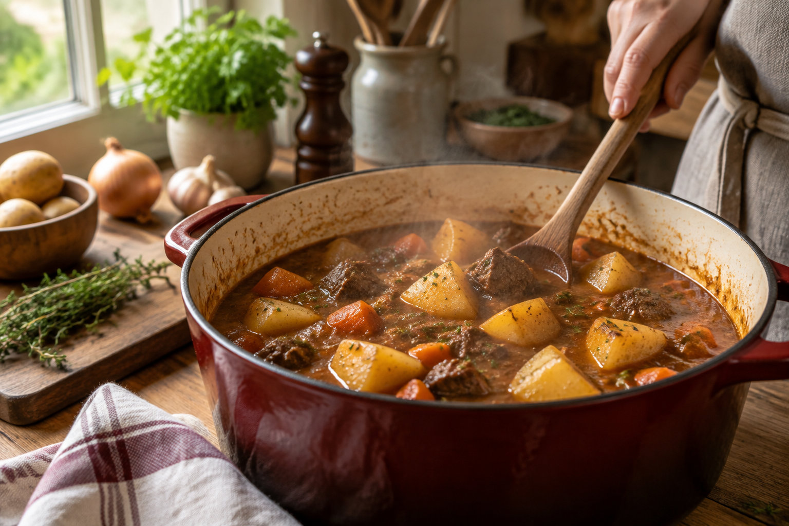 Une personne remue avec une cuillère en bois un ragoût fumant de viande, de pommes de terre et de carottes dans une grande cocotte rouge, dans une cuisine lumineuse.