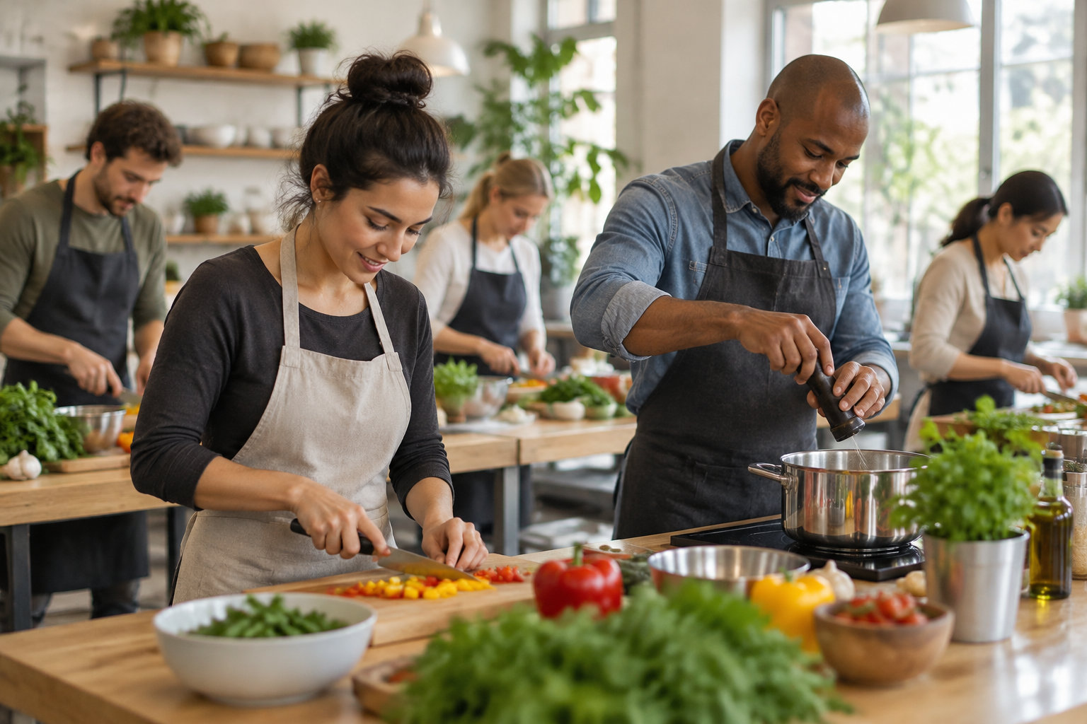 Plusieurs personnes en tablier préparent des légumes dans une cuisine lumineuse, en découpant des ingrédients et en assaisonnant une casserole.