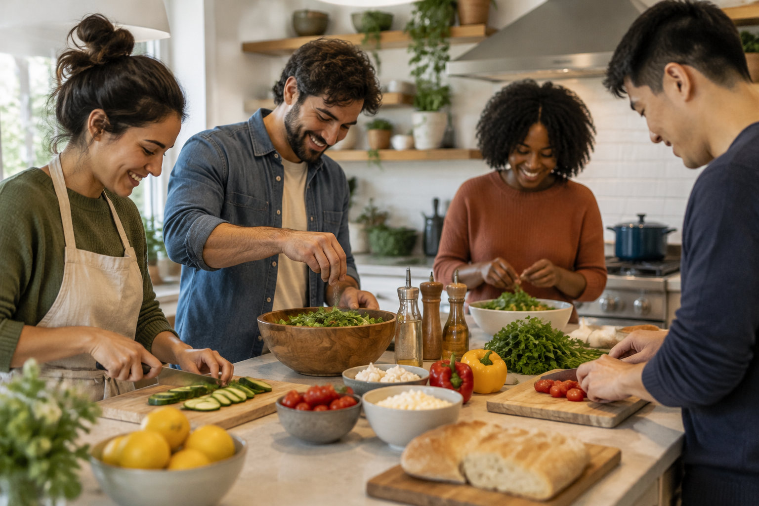 Quatre personnes souriantes préparent ensemble une salade et découpent des légumes dans une cuisine lumineuse.