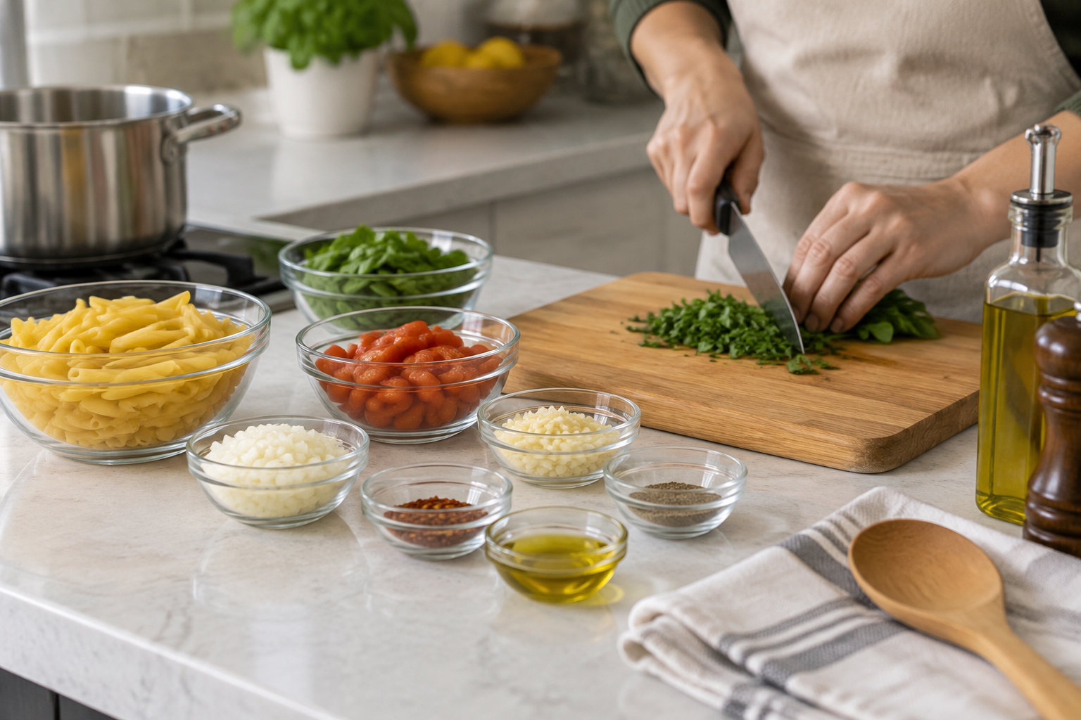 Une personne coupe des herbes sur une planche en bois, entourée de bols d’ingrédients, d’une casserole et d’une bouteille d’huile sur un plan de travail.