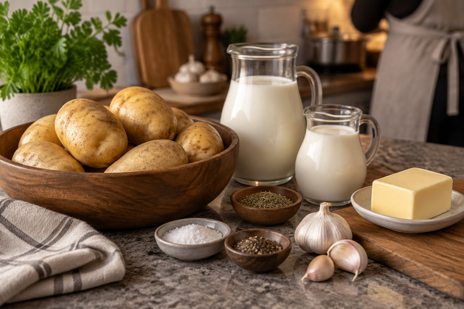 Un bol en bois rempli de pommes de terre côtoie deux pichets de lait, du beurre, de l’ail et des bols d’épices sur un plan de travail de cuisine.