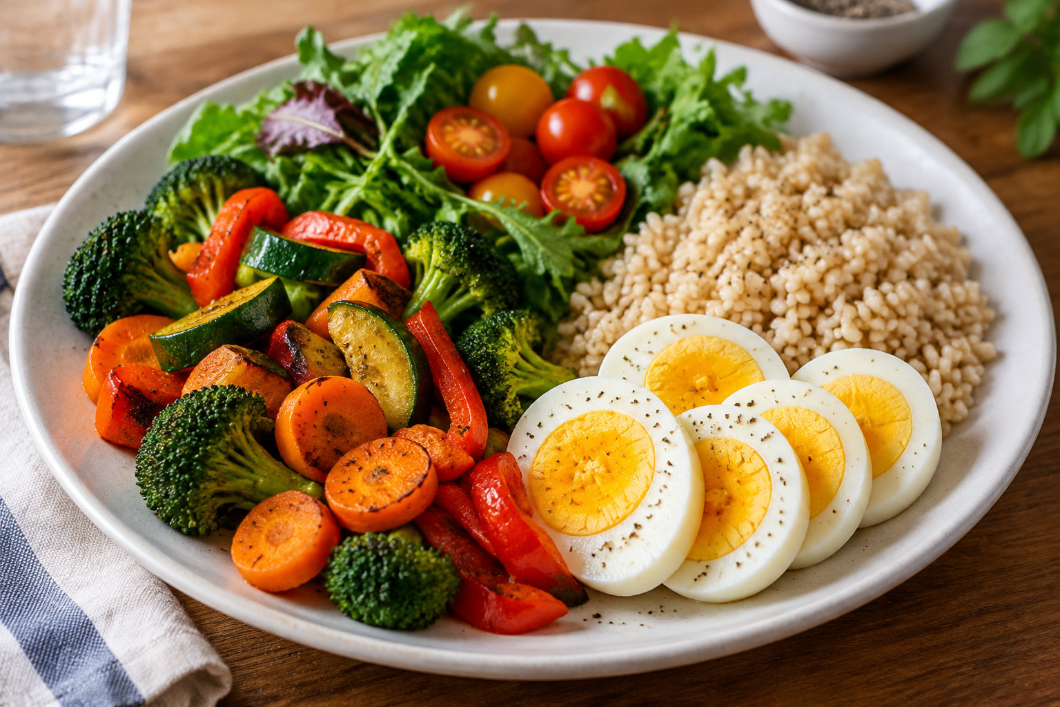 Une assiette composée de céréales, d’œufs durs tranchés, de légumes rôtis, de salade verte et de tomates cerises est posée sur une table en bois.