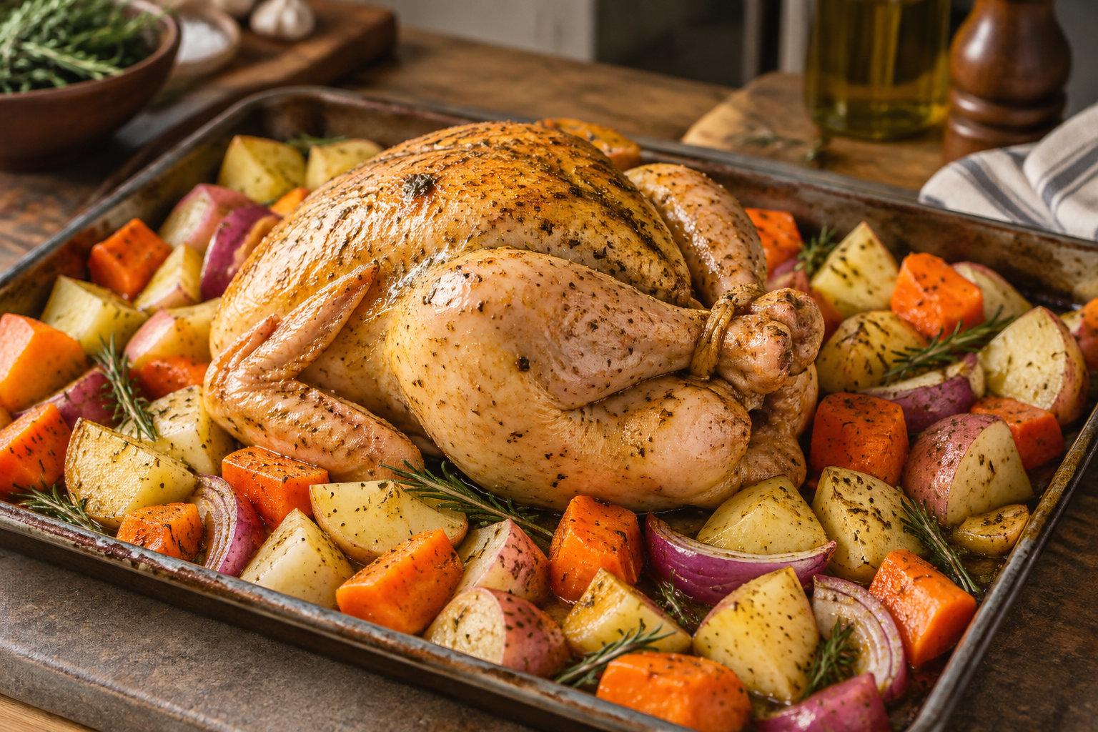 Un poulet rôti aux herbes est entouré de pommes de terre, de patates douces et d’oignons rouges dans une plaque de cuisson.