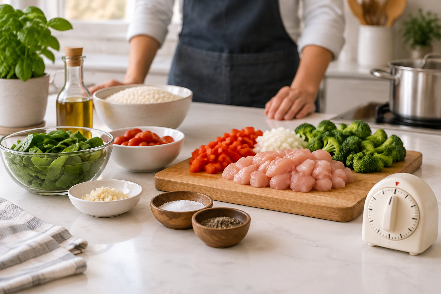 Une personne prépare des ingrédients sur un plan de travail de cuisine, avec du poulet cru, des légumes, du riz, des épices et un minuteur.