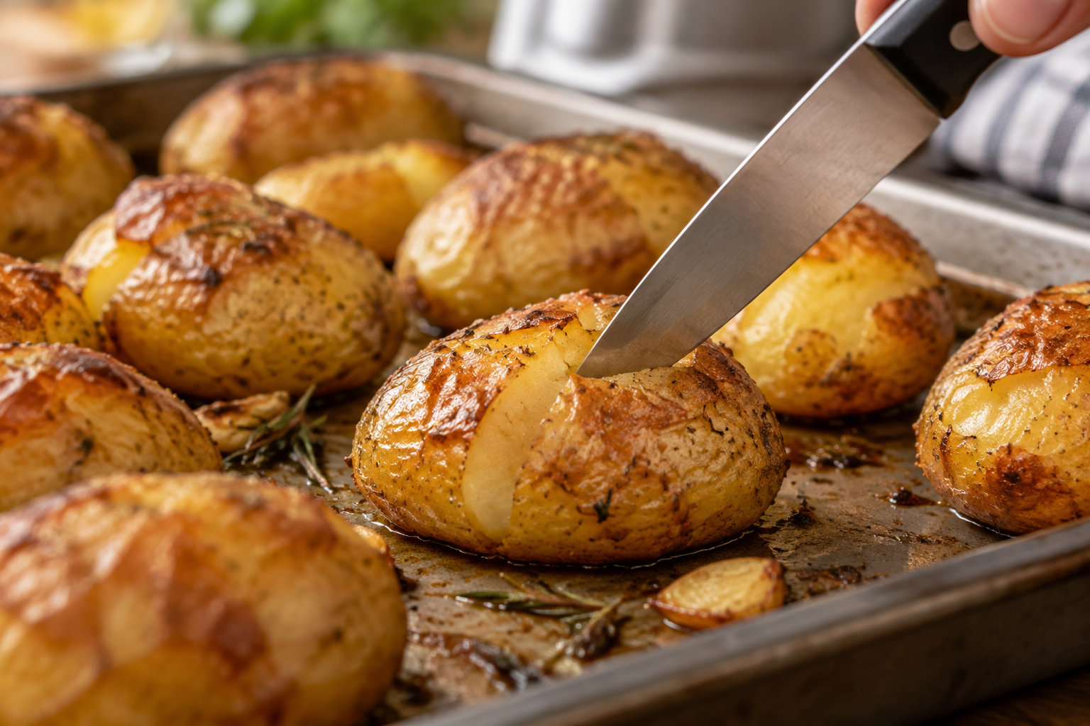 Un couteau incise une pomme de terre rôtie au milieu d’une plaque garnie d’autres pommes de terre dorées.