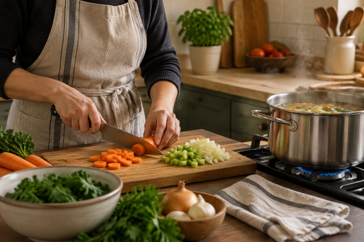 Une personne découpe des carottes sur une planche, à côté de légumes hachés et d’une grande marmite fumante sur le feu.