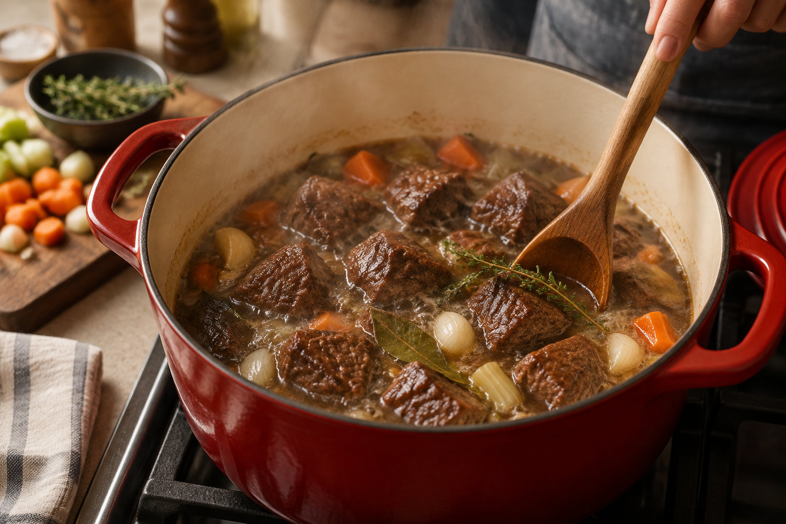 Une main remue avec une cuillère en bois un ragoût de viande et de légumes dans une cocotte rouge posée sur une cuisinière.