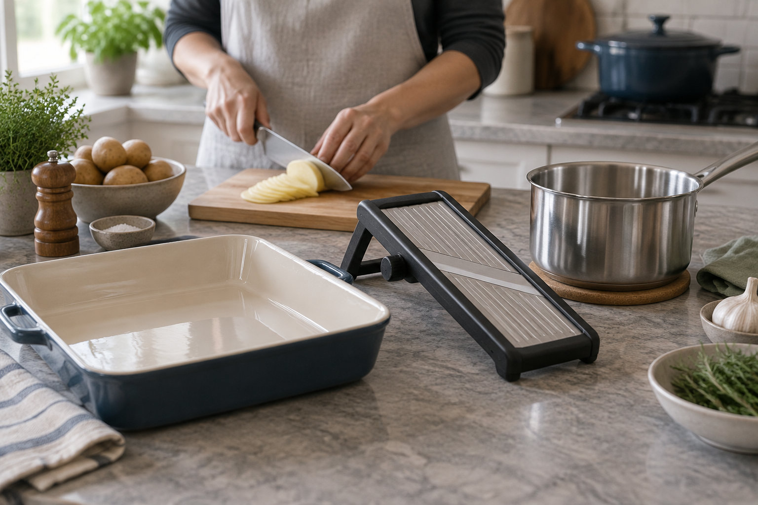 Une personne tranche une pomme de terre sur une planche, près d’une mandoline, d’un plat à gratin et d’une casserole posés sur un comptoir de cuisine.
