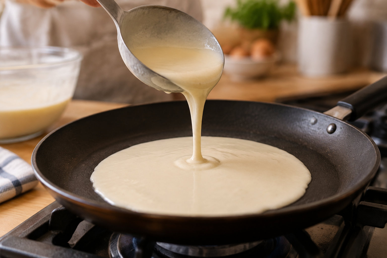 Une louche verse de la pâte à crêpes dans une poêle posée sur une cuisinière, avec un bol de pâte à côté.