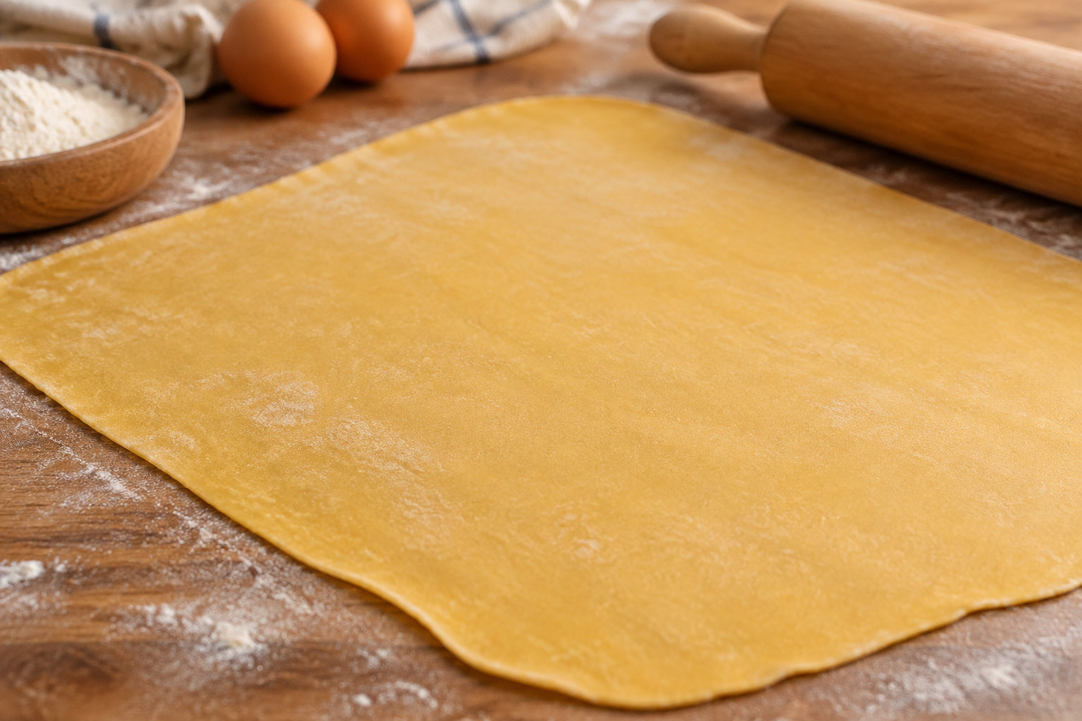 Une grande feuille de pâte repose sur un plan de travail fariné, avec un bol de farine, des œufs et un rouleau à pâtisserie en arrière-plan.