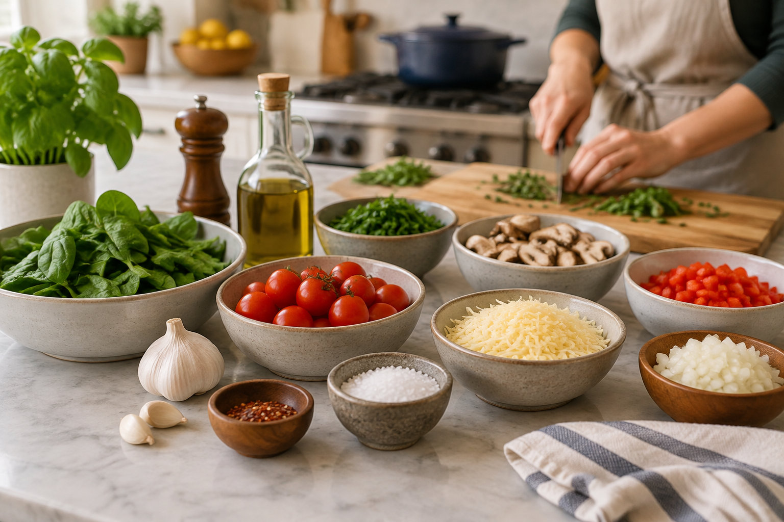 Une personne en tablier hache des herbes sur une planche, entourée de bols de légumes, de champignons, de fromage râpé, d’ail et d’épices.