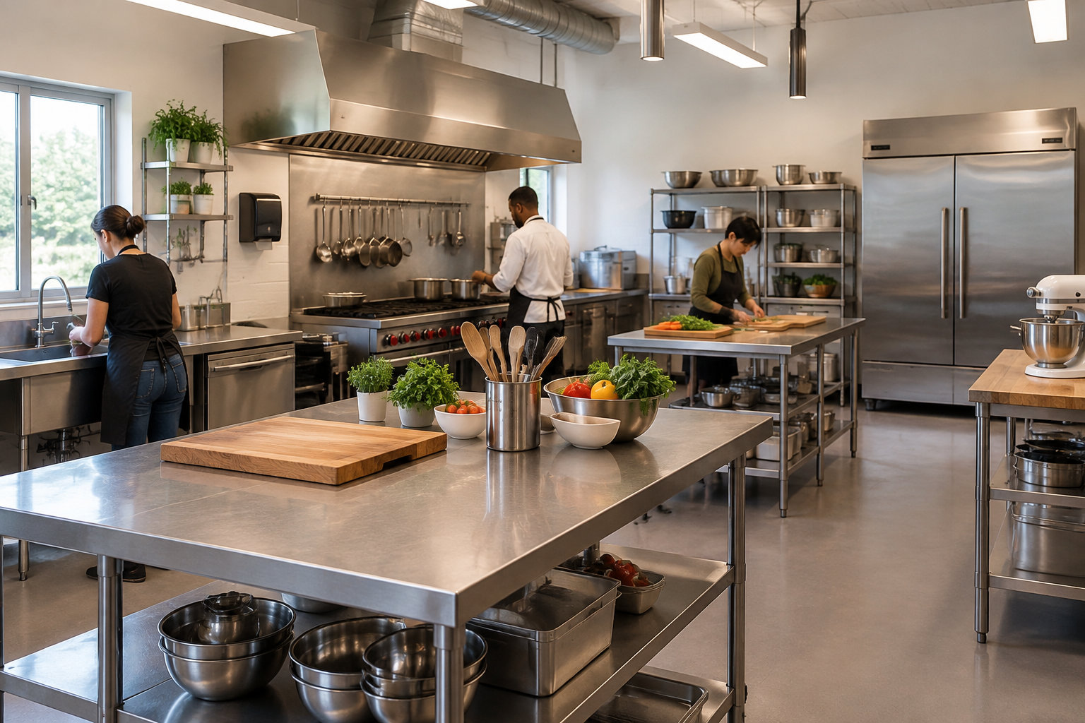 Trois personnes travaillent dans une cuisine professionnelle équipée de plans de travail en inox, d’une cuisinière, d’étagères et d’un grand réfrigérateur.