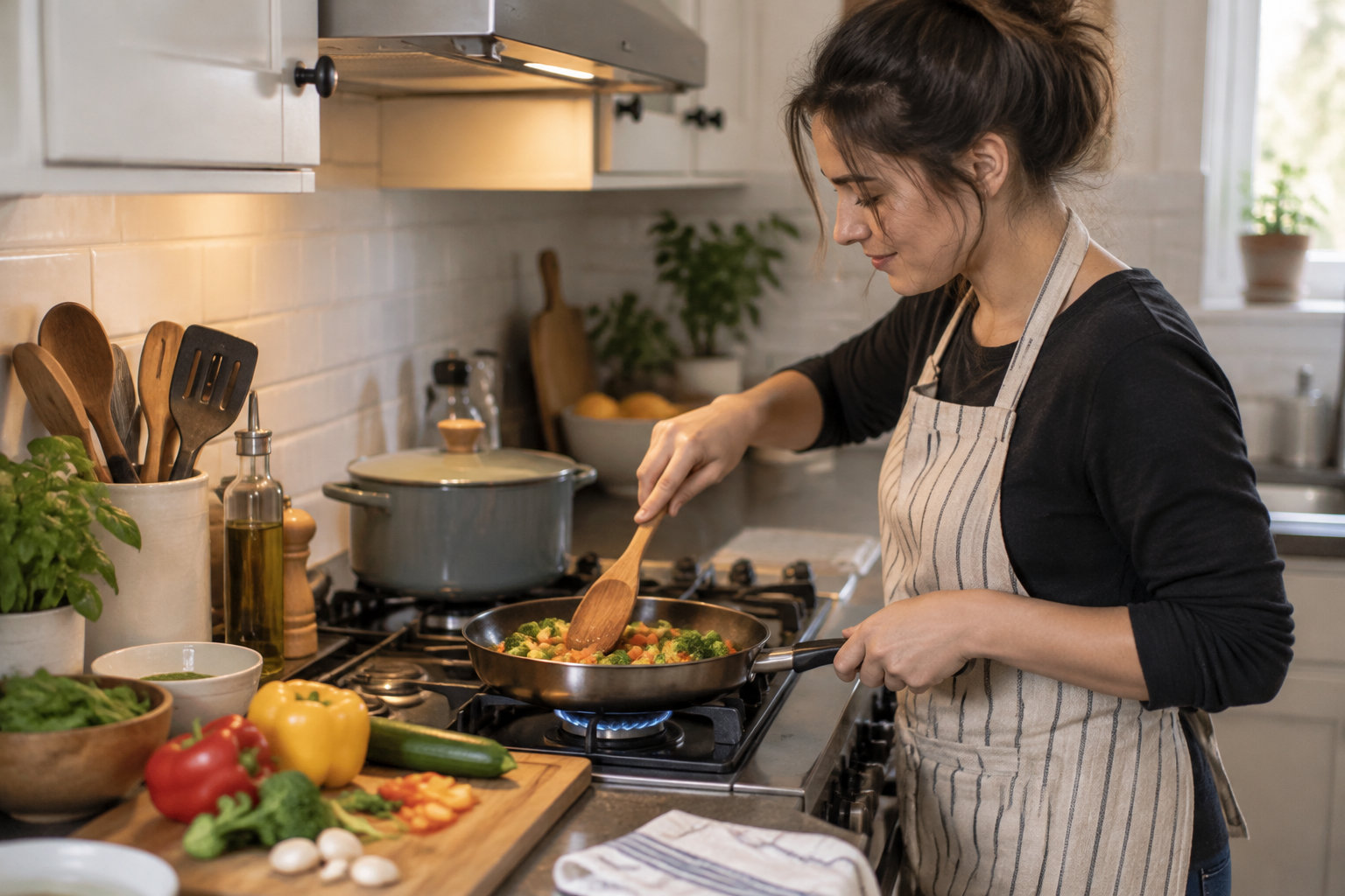 Une femme en tablier remue des légumes dans une poêle sur une cuisinière, avec des légumes frais disposés sur une planche à découper.
