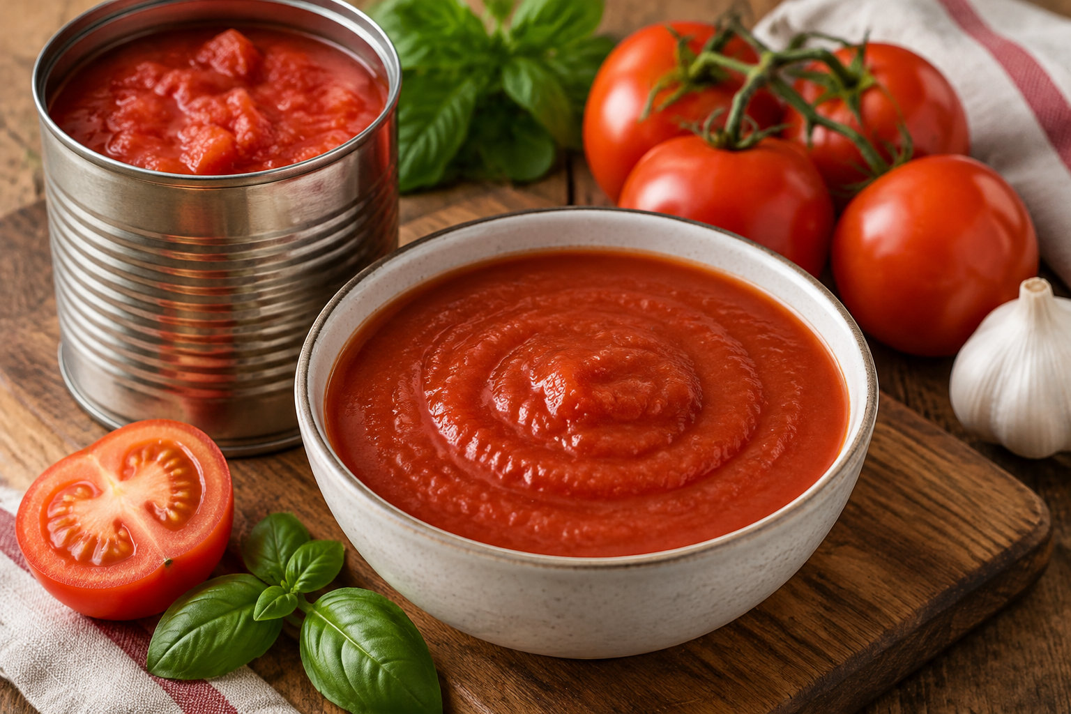 Un bol de sauce tomate est posé sur une planche en bois, près d’une boîte ouverte, de tomates fraîches, de basilic et d’une tête d’ail.