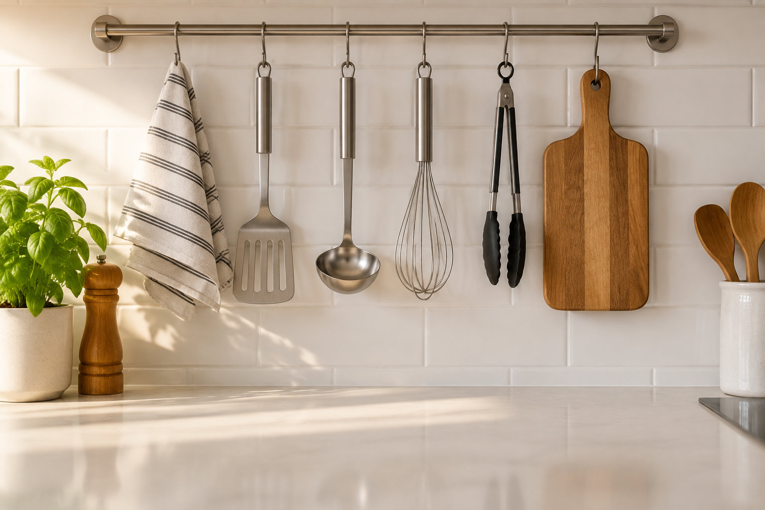 Des ustensiles de cuisine, un torchon, une planche à découper et des cuillères en bois sont suspendus à une barre au-dessus d’un plan de travail, avec une plante et un moulin à poivre sur le côté.