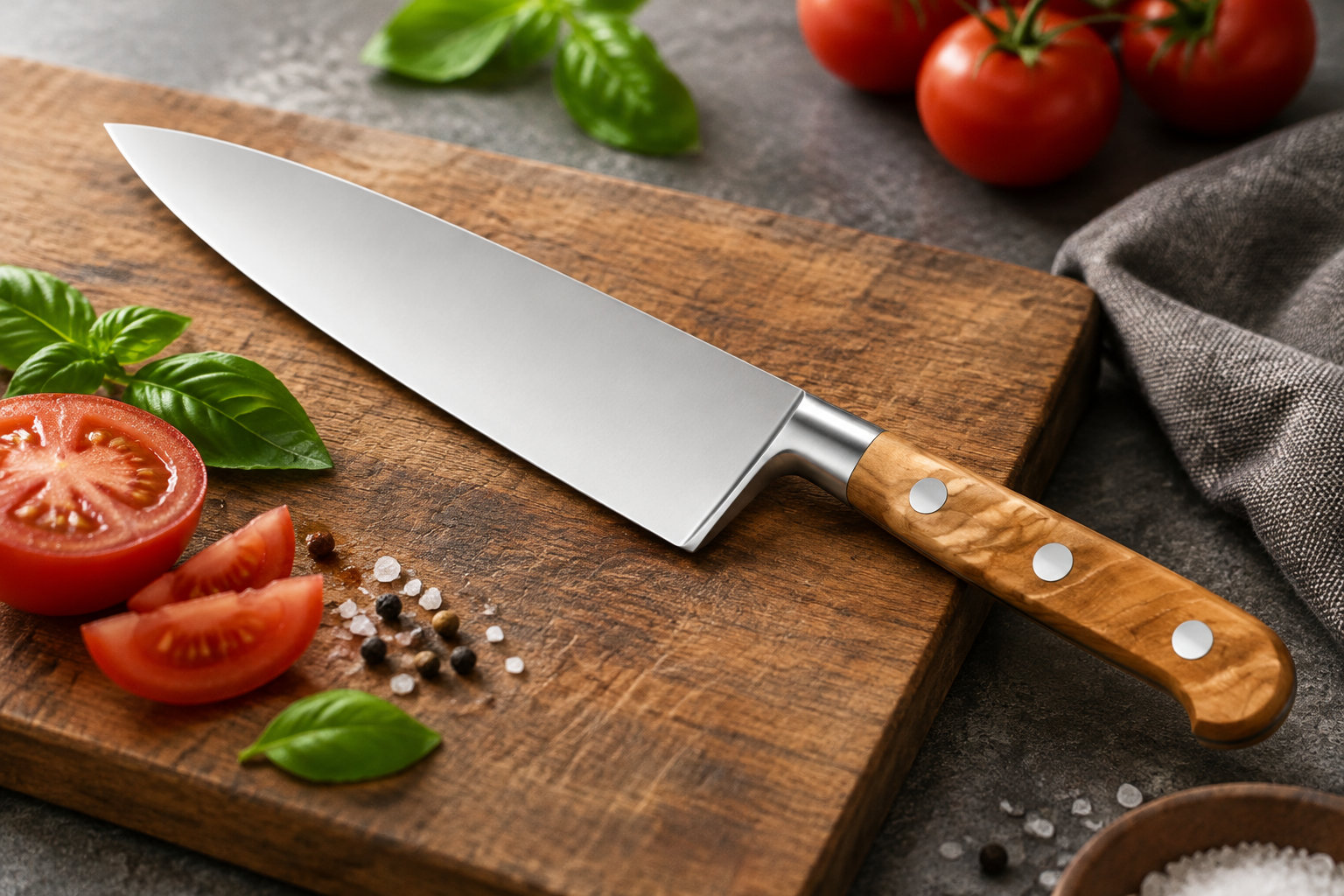 Un grand couteau à manche en bois repose sur une planche à découper, entouré de tomates, de feuilles de basilic et de grains de sel et de poivre.