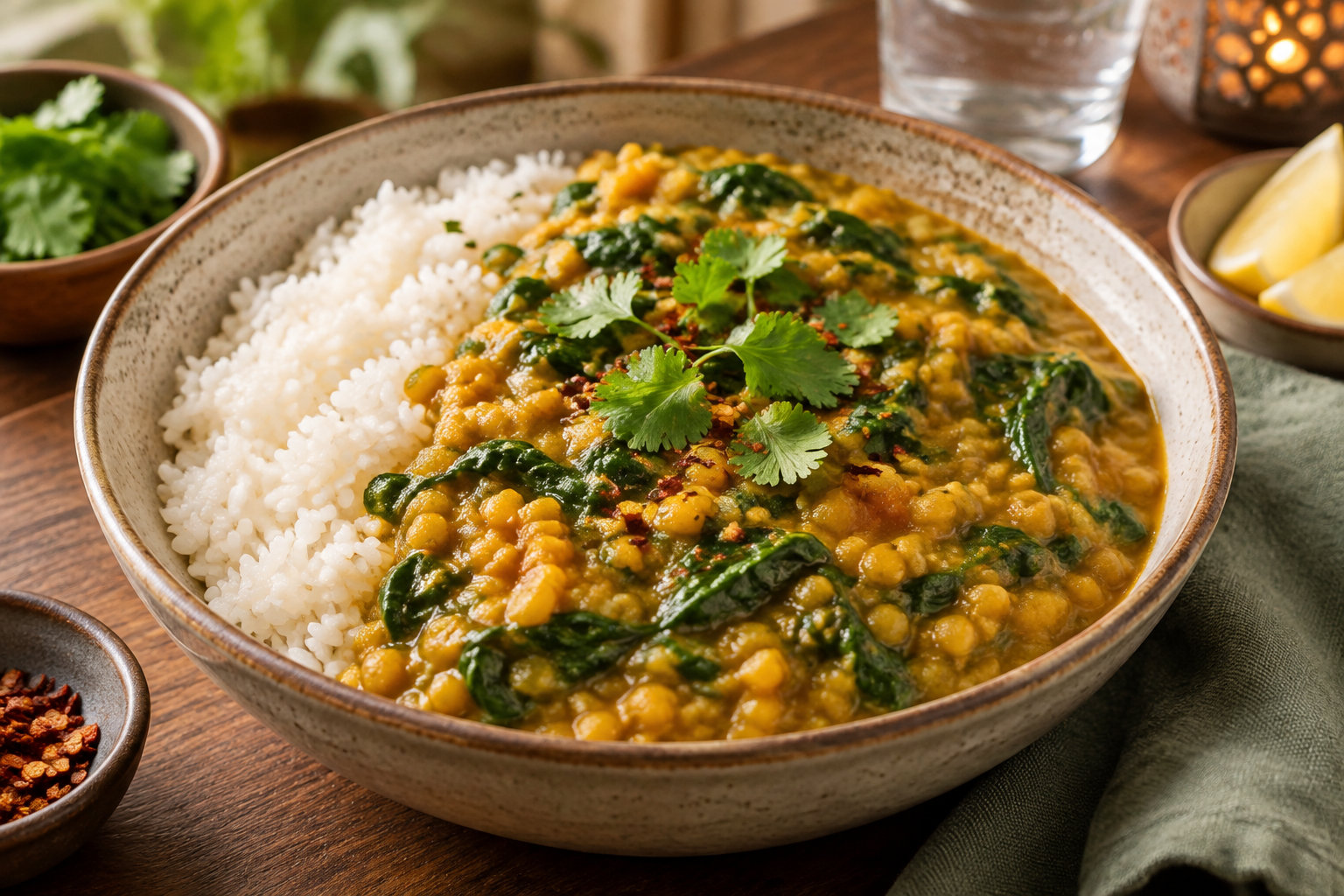 Un bol de riz accompagné d’un curry de lentilles aux épinards, garni de feuilles de coriandre, est posé sur une table en bois avec des quartiers de citron et des condiments.