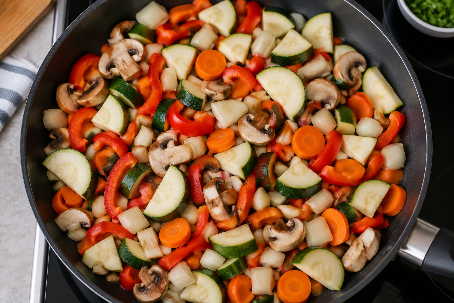 Des morceaux de courgette, de poivron rouge, de carotte, de champignon et d’oignon sont répartis dans une grande poêle.