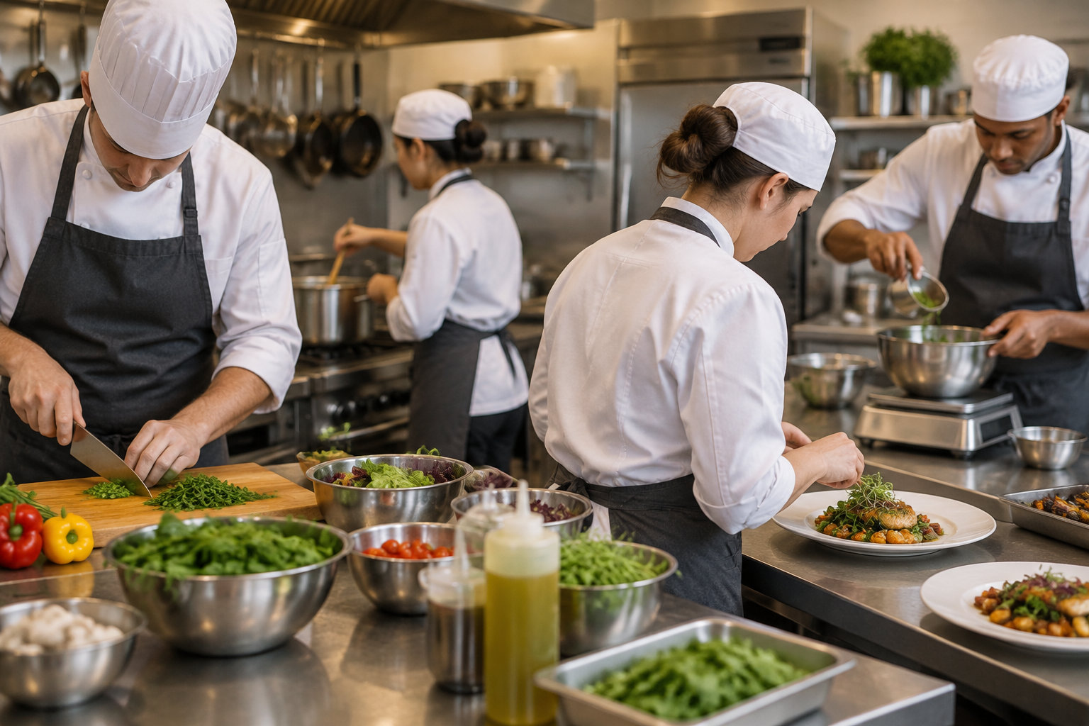 Plusieurs cuisiniers en tenue blanche préparent des légumes et dressent des assiettes dans une cuisine professionnelle.