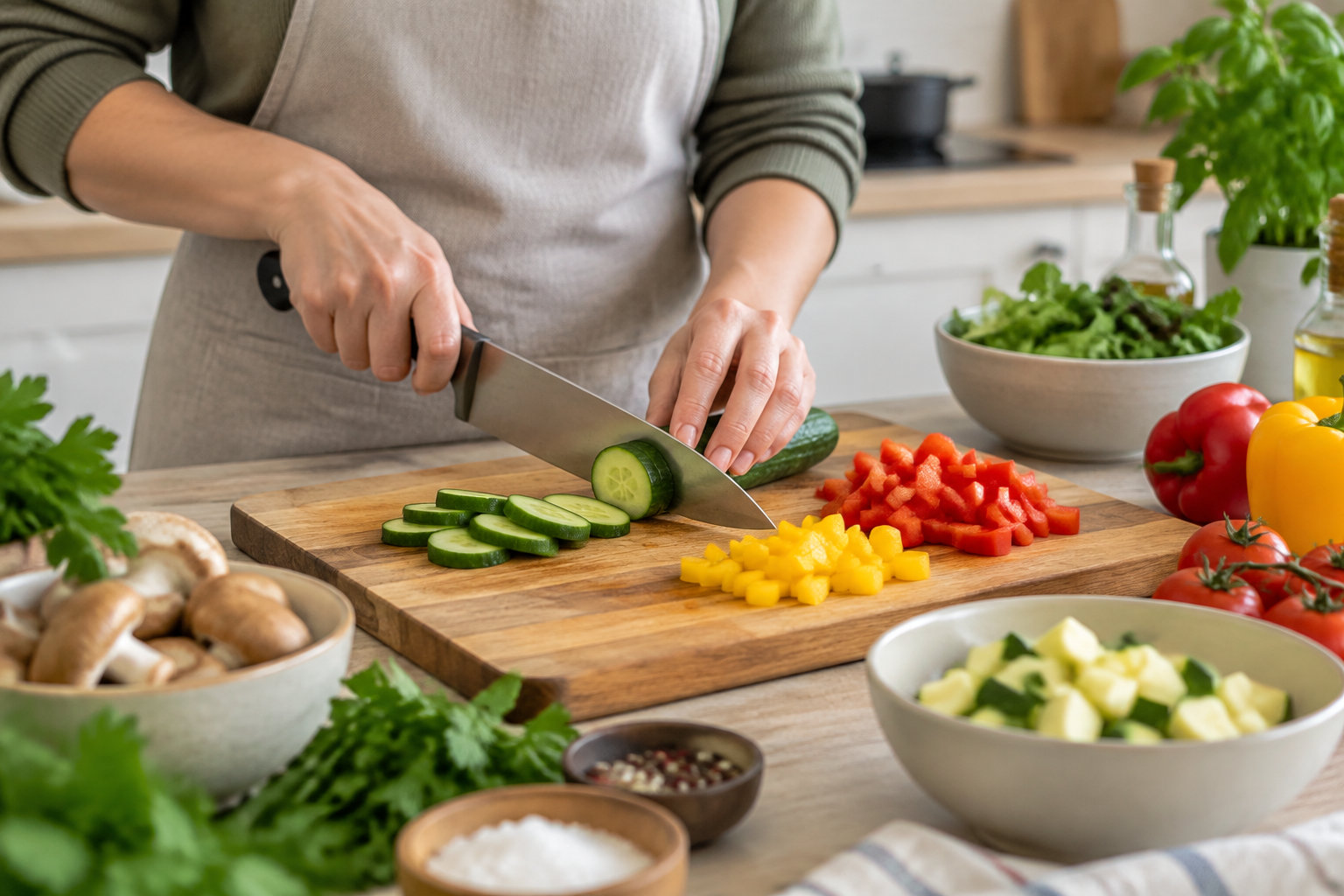 Une personne découpe un concombre sur une planche entourée de légumes et de bols d’ingrédients.