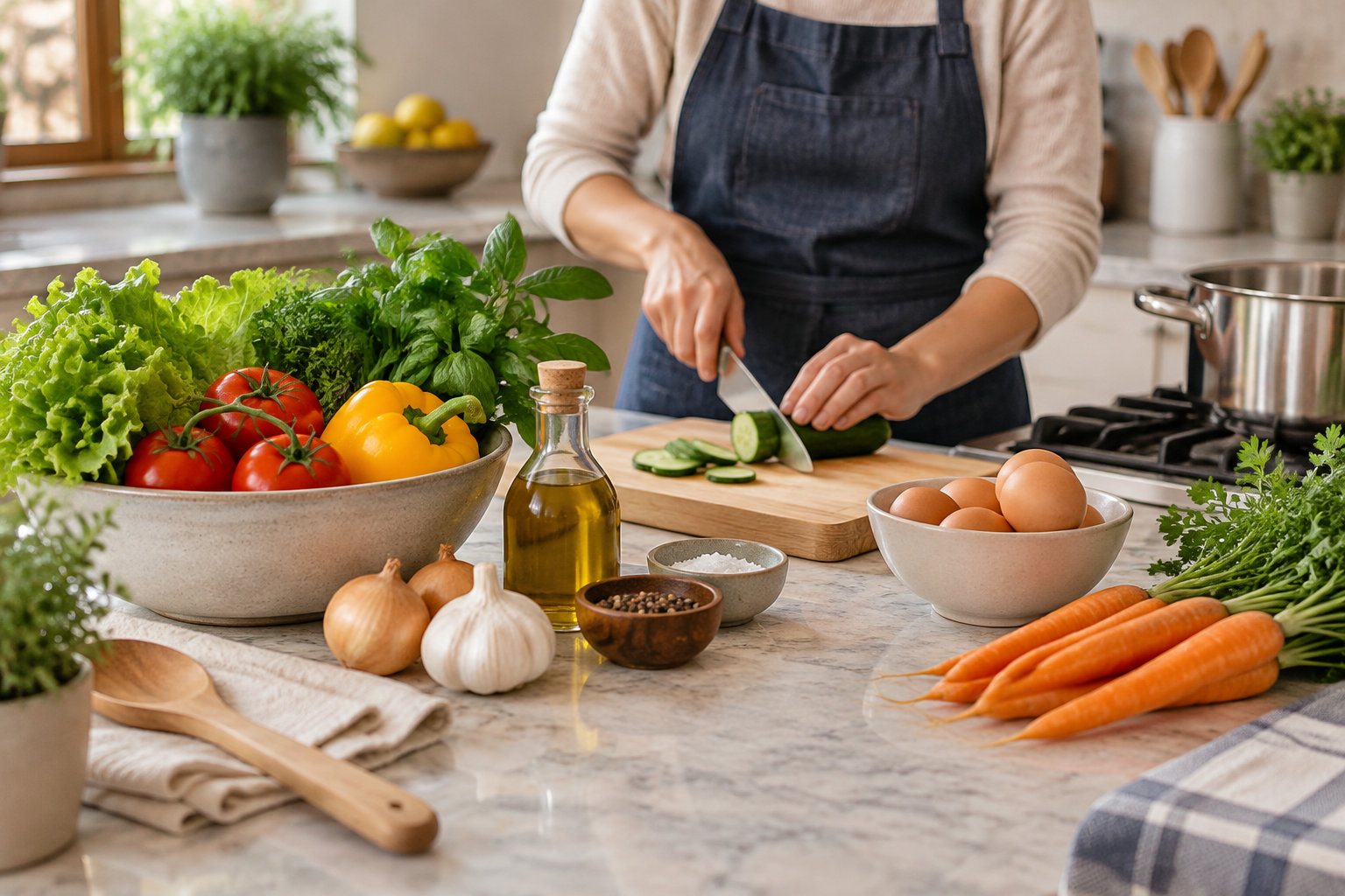 Une personne en tablier découpe un concombre sur une planche, entourée de légumes, d’œufs et d’ingrédients sur un plan de travail.