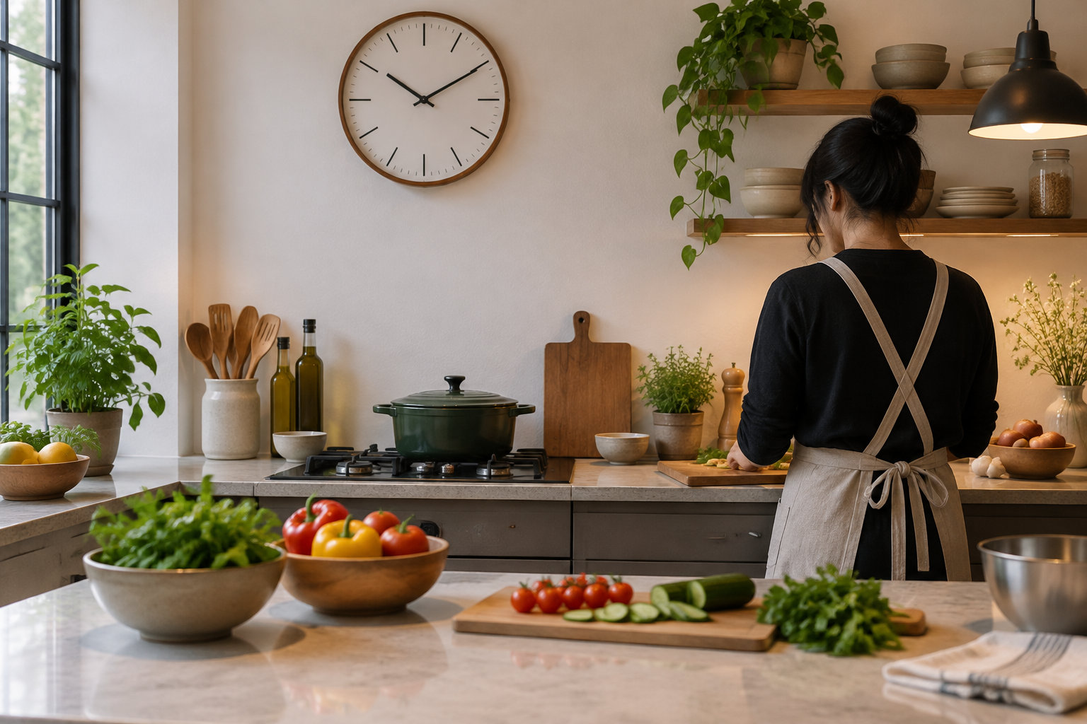 Une femme en tablier prépare des légumes dans une cuisine lumineuse, avec des bols de produits frais, des plantes et une casserole sur la cuisinière.