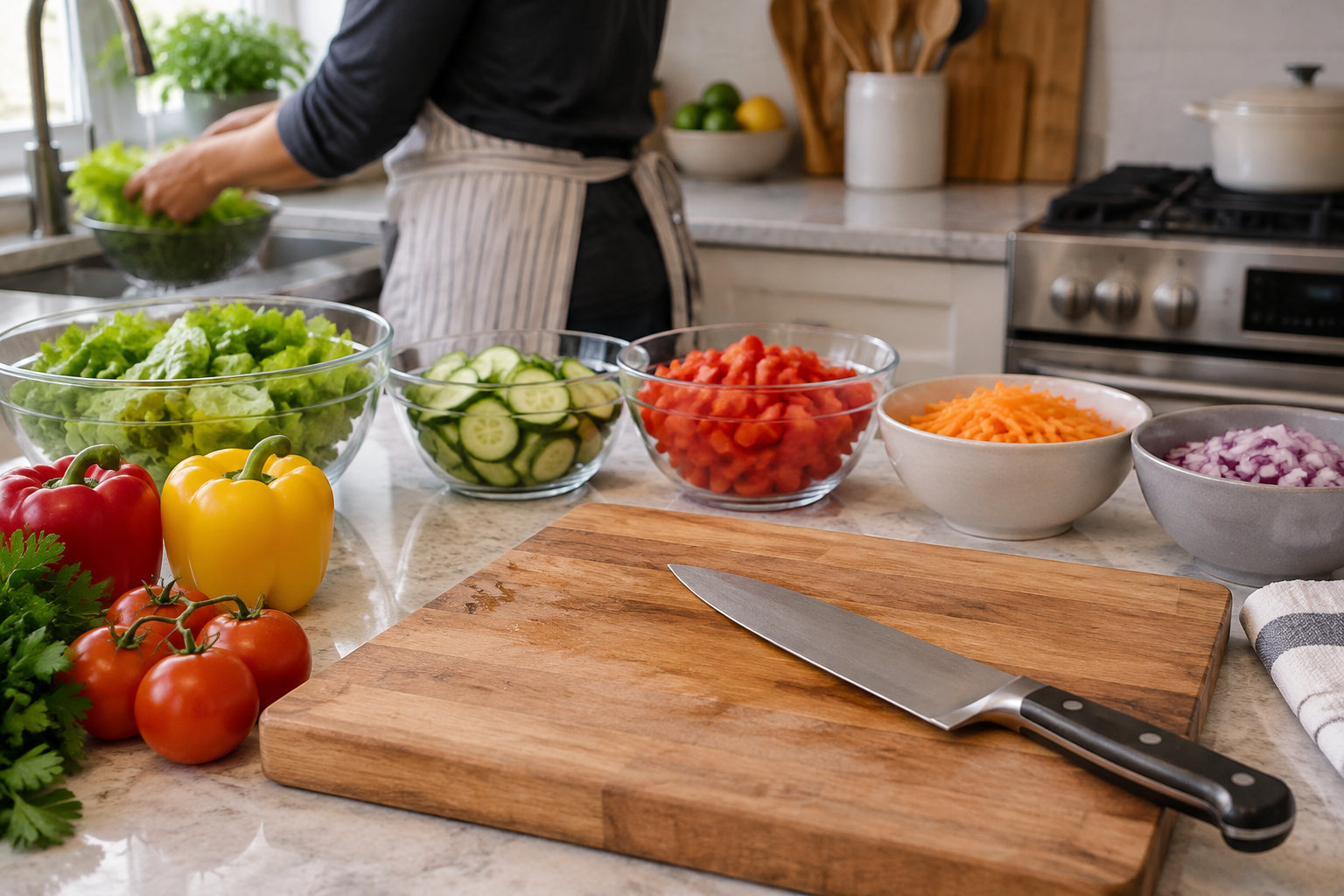 Une personne prépare une salade dans une cuisine, avec des légumes coupés dans des bols et un couteau posé sur une planche en bois.