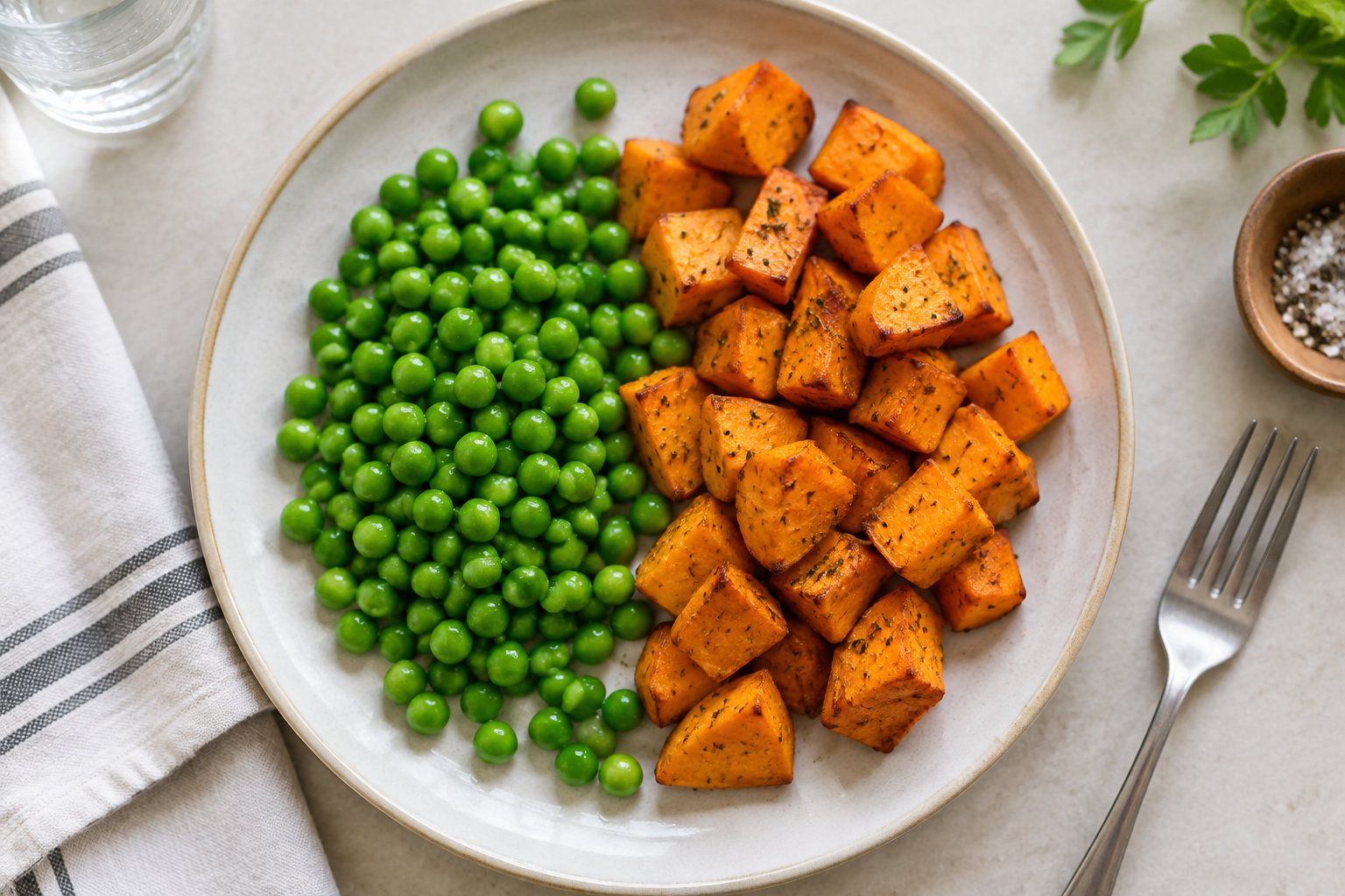 Une assiette garnie de petits pois et de cubes de légumes rôtis aux herbes, avec une fourchette, un bol de sel et un torchon à côté.