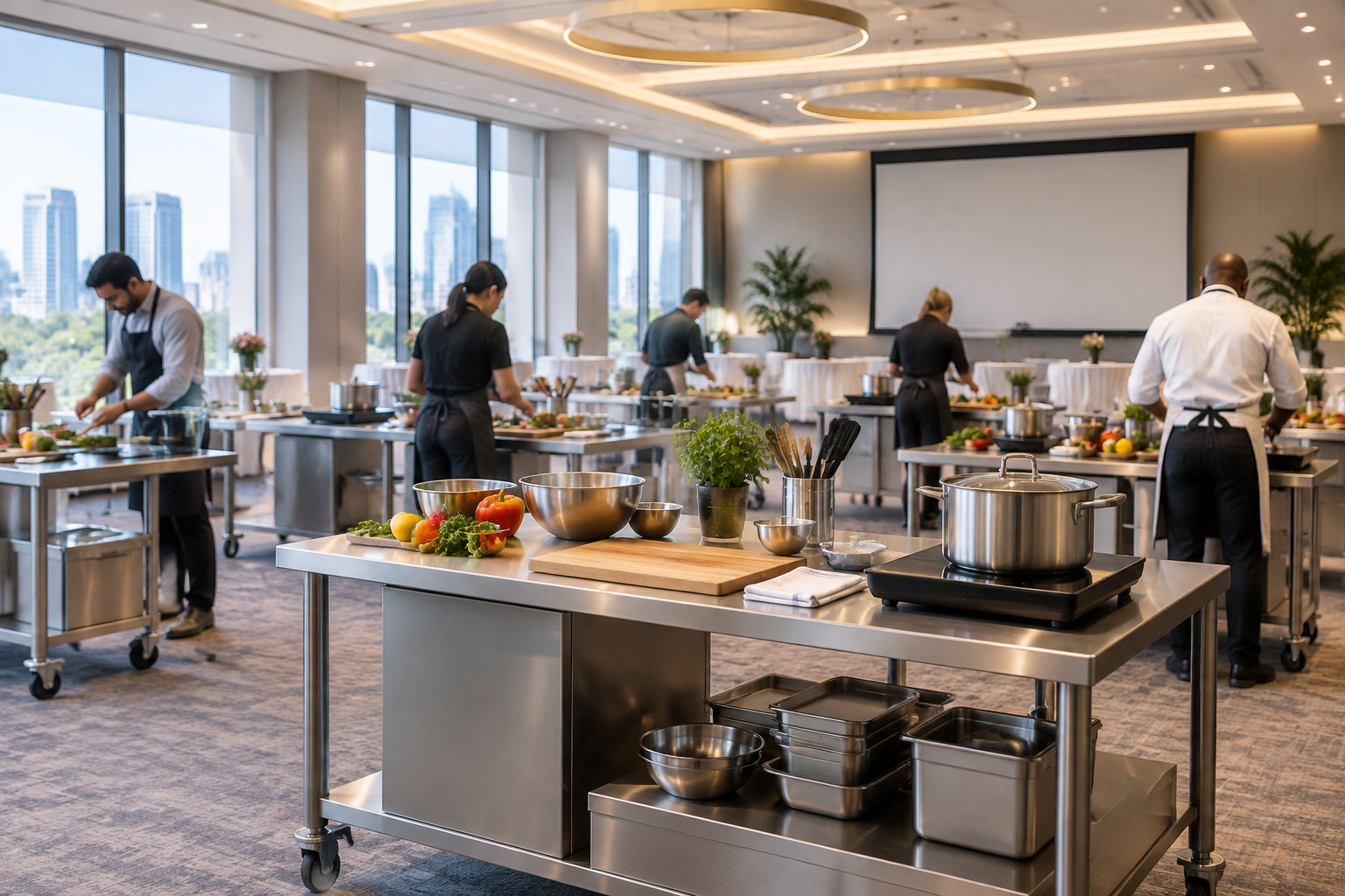 Plusieurs cuisiniers préparent des plats sur des tables en inox dans une grande cuisine professionnelle lumineuse.