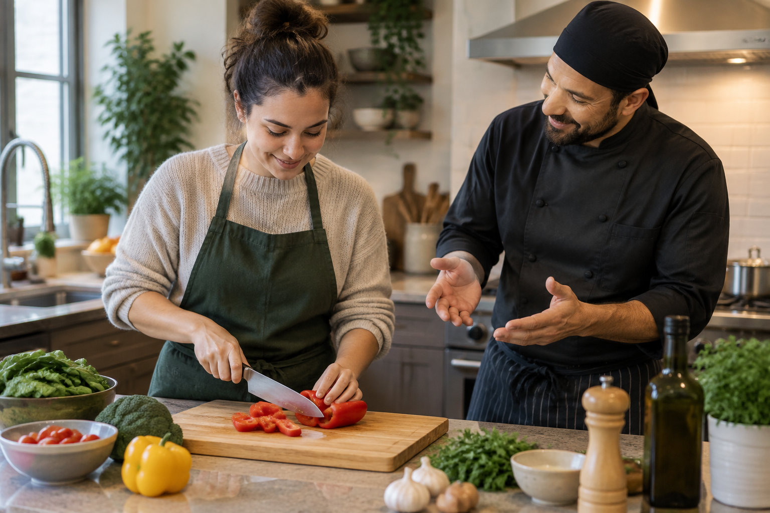 Une femme découpe un poivron rouge sur une planche tandis qu’un homme en tenue de chef lui explique un geste dans une cuisine.