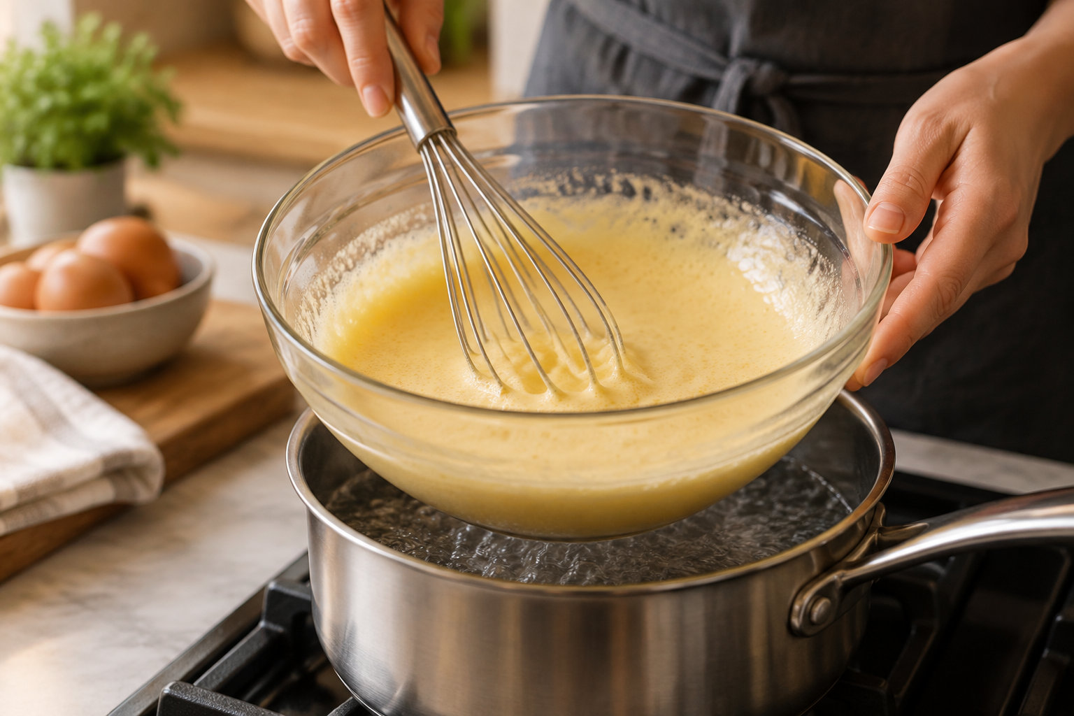 Une personne fouette une préparation jaune dans un bol en verre posé au-dessus d’une casserole d’eau bouillante.