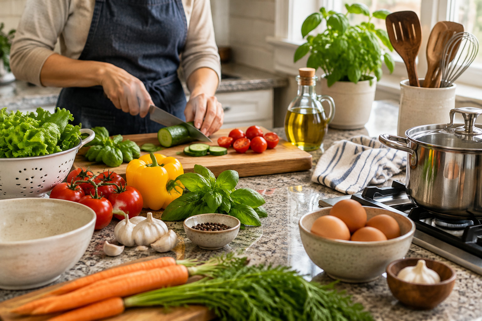 Une personne découpe des légumes sur une planche dans une cuisine, entourée de produits frais, d’ustensiles et d’une casserole.