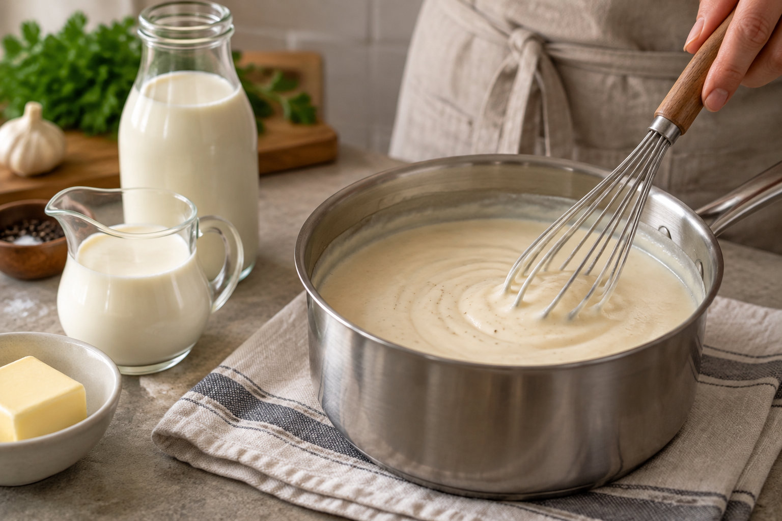 Une personne fouette une préparation crémeuse dans une casserole en inox, avec du lait et du beurre posés à côté.