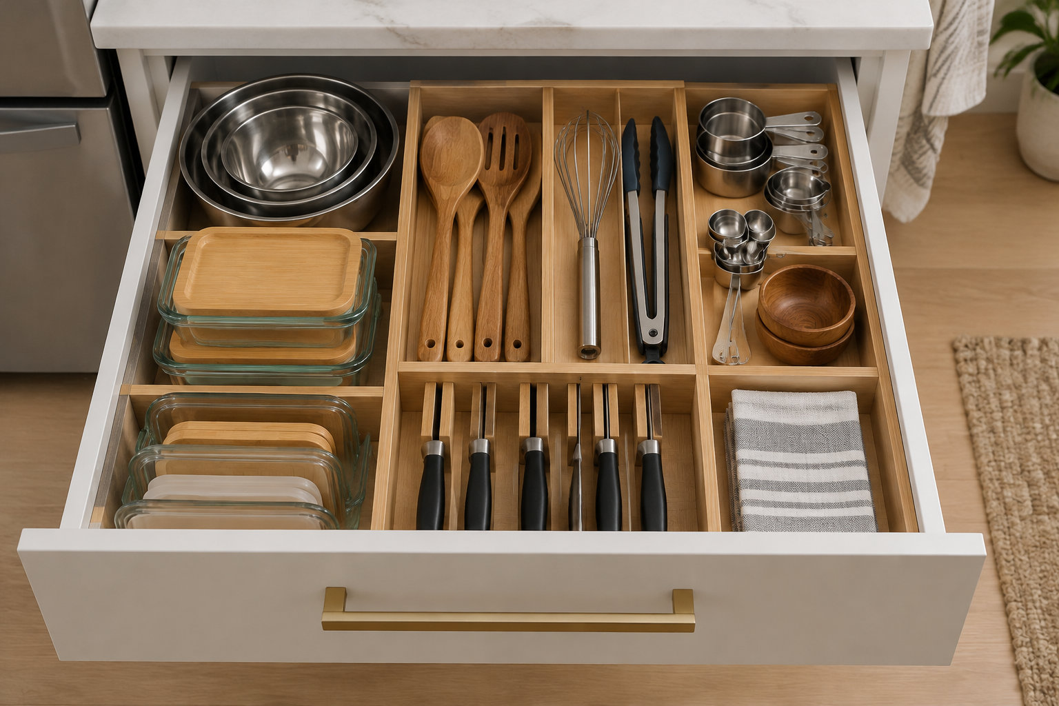 Un tiroir de cuisine ouvert contient des bols, des plats en verre, des ustensiles en bois et en métal, des couteaux et un torchon, rangés dans des compartiments en bois.
