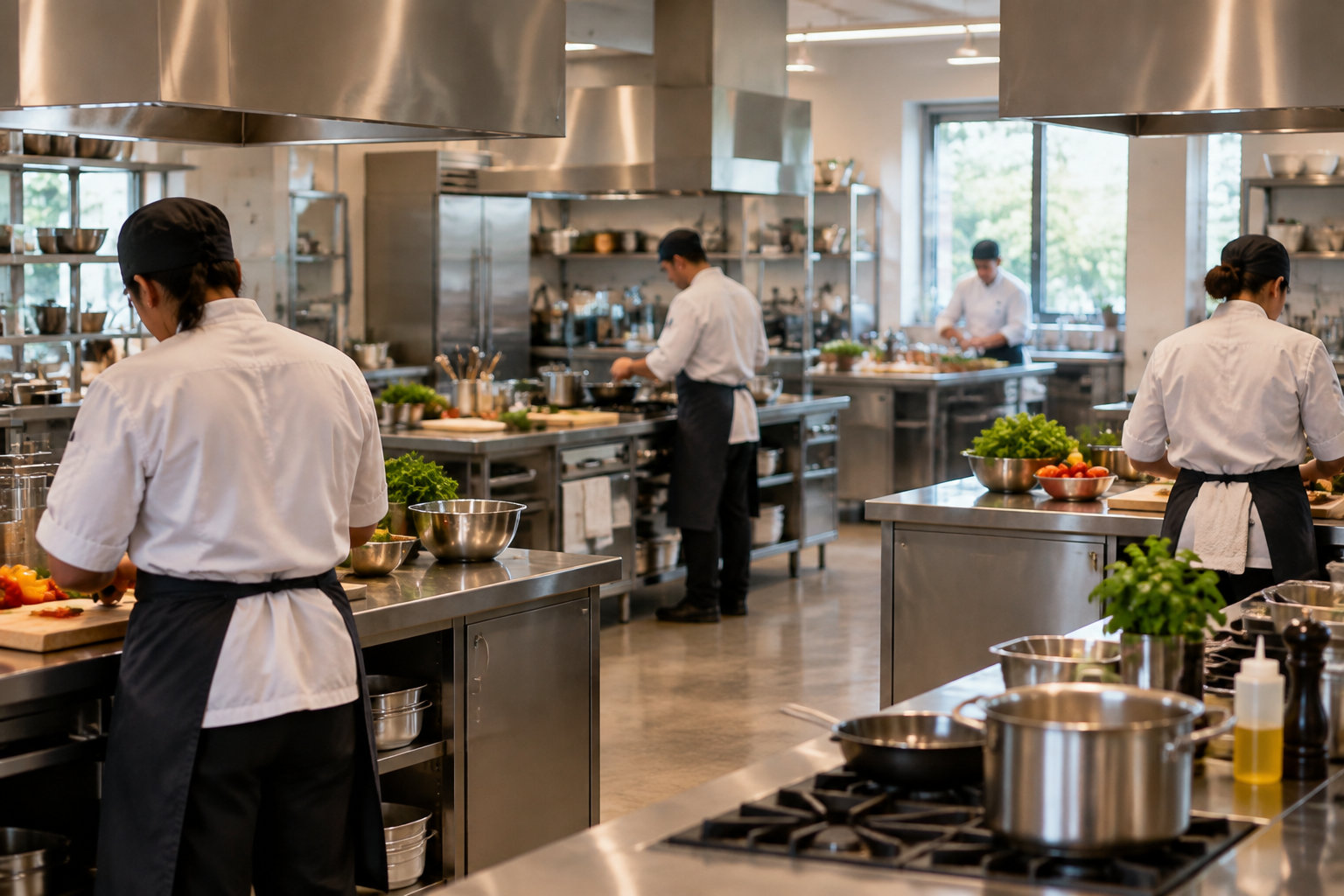 Plusieurs cuisiniers en tenue préparent des ingrédients sur des plans de travail en inox dans une cuisine professionnelle équipée de grandes hottes et de casseroles.